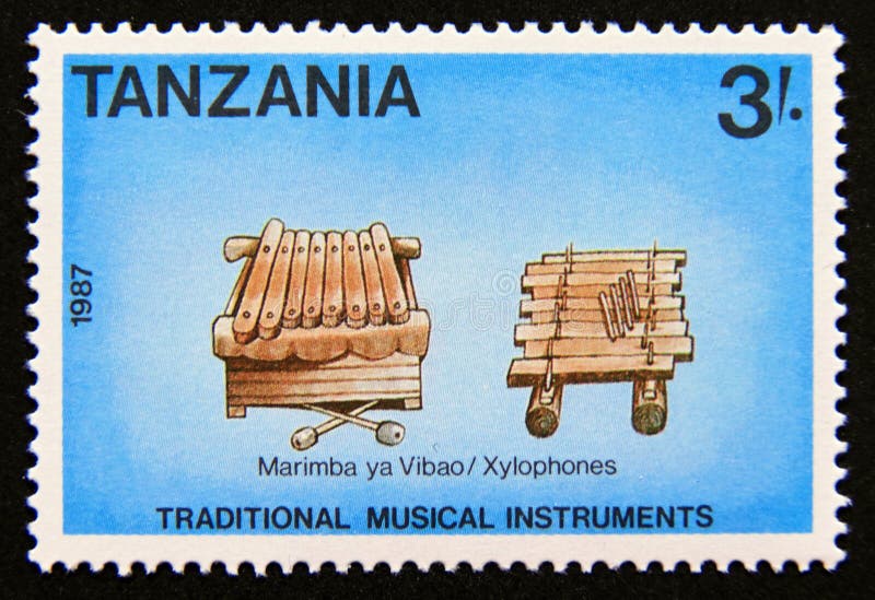 Post stamp printed in tanzania, 1989. Xylophones traditional musical instruments. Value 3 tanzanian shilingi. Post stamp printed in tanzania, 1989. Xylophones traditional musical instruments. Value 3 tanzanian shilingi.