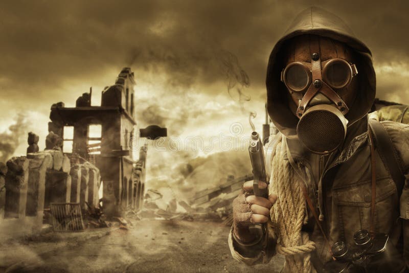 Post apocalyptic survivor in gas mask, destroyed city in the background. Post apocalyptic survivor in gas mask, destroyed city in the background