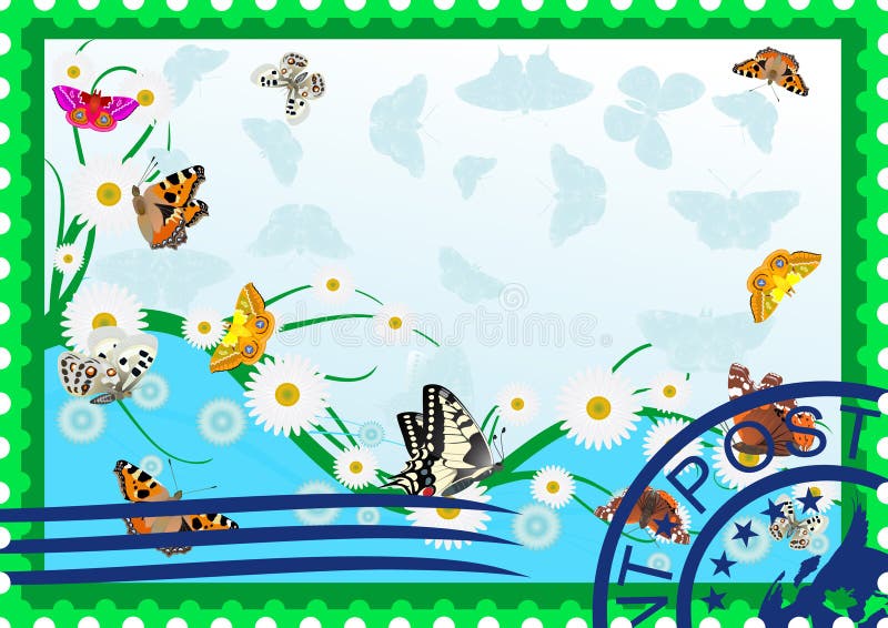 Postage stamp. Butterflies and daisies