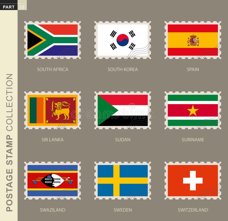 Postage stamp with flag, collection of 9 flag vector illustration Postage stamp with flag, collection of 9 flag vector illustration