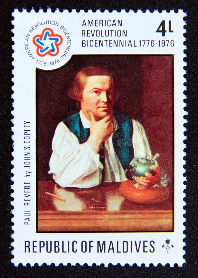 Postage stamp Maldives, 1976. Paul Revere painting by John Singleton Copley stock photos