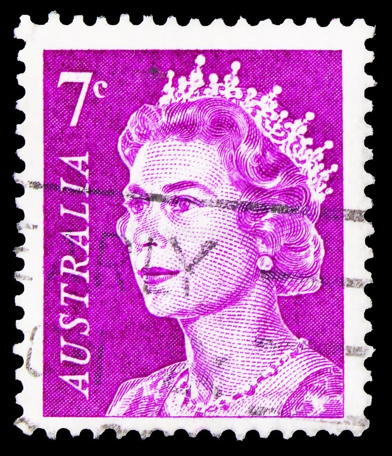 Postage stamp printed in Australia shows Queen Elizabeth II, 7 Australian cents, serie, circa 1971