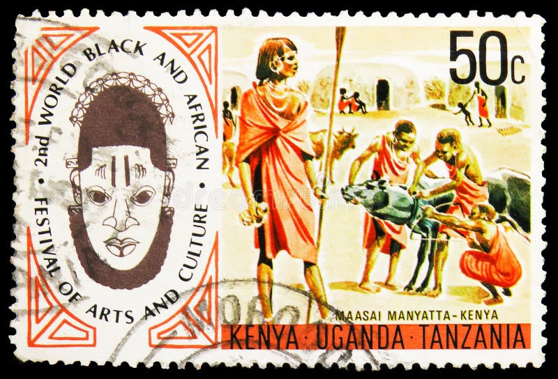 Postage stamp printed in British East Africa (Kenya, Uganda and Tanganyika) shows Maasai Manyatta - Kenya, Festival of Arts and. MOSCOW, RUSSIA - NOVEMBER 10 royalty free stock image Postage stamp printed in British East Africa (Kenya, Uganda and Tanganyika) shows Maasai Manyatta - Kenya, Festival of Arts and. MOSCOW, RUSSIA - NOVEMBER 10 royalty free stock image