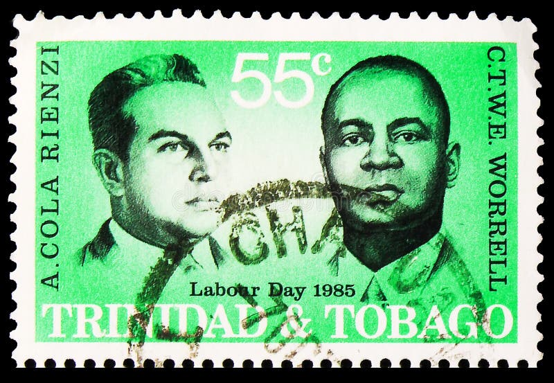 Postage stamp printed in Trinidad and Tobago shows Cola Rienzi and Worrell, Labour Day serie, circa 1985 免版税库存图片
