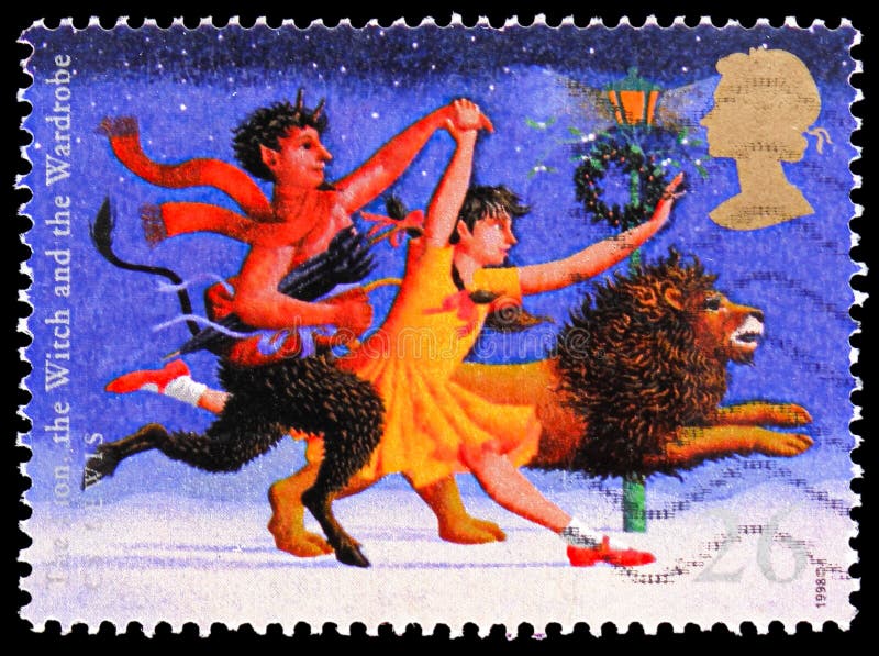 MOSCOW, RUSSIA - DECEMBER 22, 2020: Postage stamp printed in United Kingdom shows The Lion, The Witch and the Wardrobe C.S. Lewis, Famous Children`s Fantasy Novels serie, circa 1998