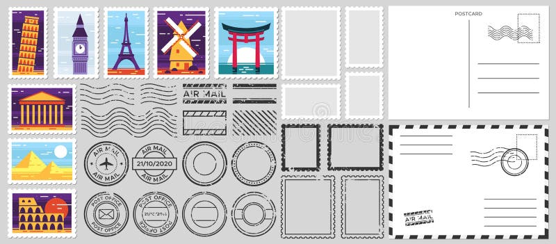 Postage stamps. Air mail envelope, post office stamp and postal stamps vector set. Cachets and postmarks with different