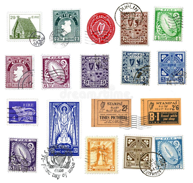 Postage stamps and labels from Ireland, mostly vintage, showing national symbols