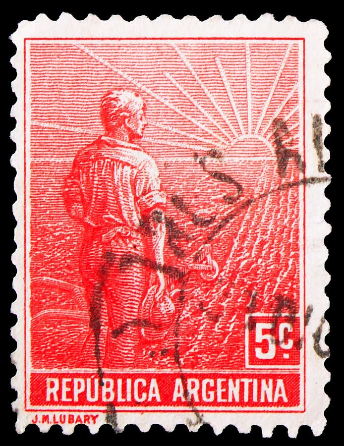 MOSCOW, RUSSIA - SEPTEMBER 24, 2019: Postage stamp printed in Argentina shows Agricultural workman, Agriculture serie, circa 1915. MOSCOW, RUSSIA - SEPTEMBER 24, 2019: Postage stamp printed in Argentina shows Agricultural workman, Agriculture serie, circa 1915