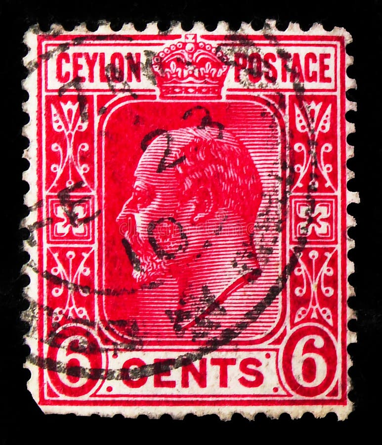 Postagstämpel i Ceylon Sri Lanka visar Frågor från 1904-1910, 6 Ceylonese cent, kung Edward VII serie, circa 1904 royaltyfria bilder Postagstämpel i Ceylon Sri Lanka visar Frågor från 1904-1910, 6 Ceylonese cent, kung Edward VII serie, circa 1904 royaltyfria bilder