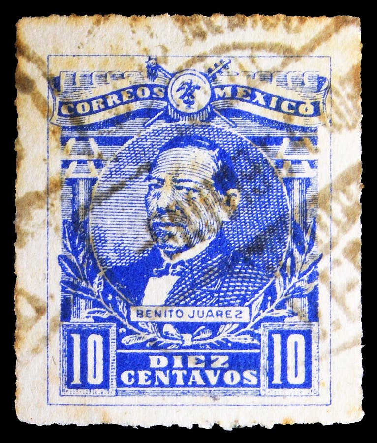 MOSCOW, RUSSIA - NOVEMBER 4, 2019: Postage stamp printed in Mexico shows Benito Juarez, Emblems/Mexico's Personalities serie, 10 ¢ - Mexican centavo, circa 1915. MOSCOW, RUSSIA - NOVEMBER 4, 2019: Postage stamp printed in Mexico shows Benito Juarez, Emblems/Mexico's Personalities serie, 10 ¢ - Mexican centavo, circa 1915