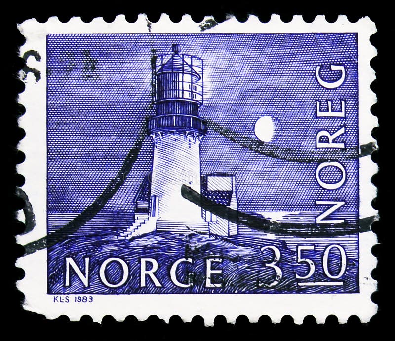 MOSCOW, RUSSIA - NOVEMBER 4, 2019: Postage stamp printed in Norway shows Lindesnes Lighthouse (1915), Buildings serie, 3.50 kr - Norwegian krone, circa 1983. MOSCOW, RUSSIA - NOVEMBER 4, 2019: Postage stamp printed in Norway shows Lindesnes Lighthouse (1915), Buildings serie, 3.50 kr - Norwegian krone, circa 1983
