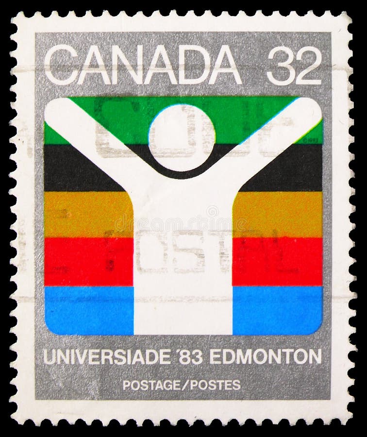 Postagstämpel som tryckts i Kanada visar Universiade '83, Edmonton, World University Games, Edmonton serie, circa 1983 royaltyfria bilder Postagstämpel som tryckts i Kanada visar Universiade '83, Edmonton, World University Games, Edmonton serie, circa 1983 royaltyfria bilder