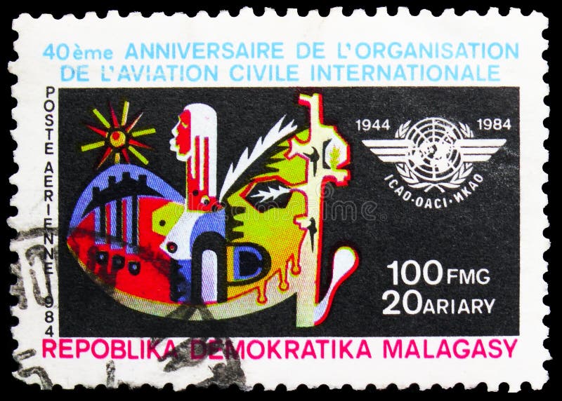 Postagstämpel tryckt i Madagaskar visar Drawing, 40-årsdagen av International civil aviation serie, circa 1984 fotografering för bildbyråer Postagstämpel tryckt i Madagaskar visar Drawing, 40-årsdagen av International civil aviation serie, circa 1984 fotografering för bildbyråer