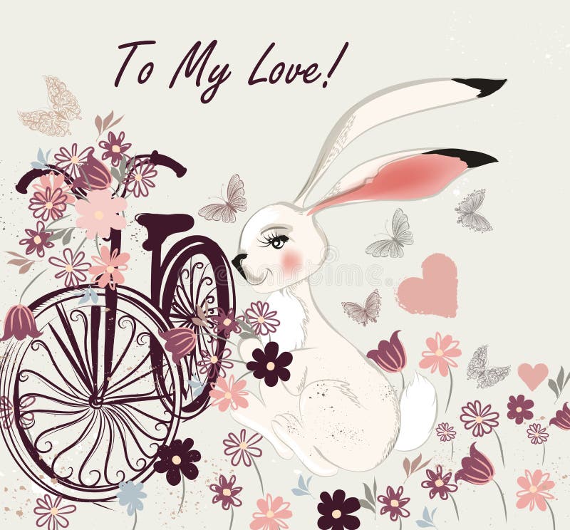 Postal con la bicicleta del conejo y el campo lindos de flores a mi lov stock de ilustración Postal con la bicicleta del conejo y el campo lindos de flores a mi lov stock de ilustración