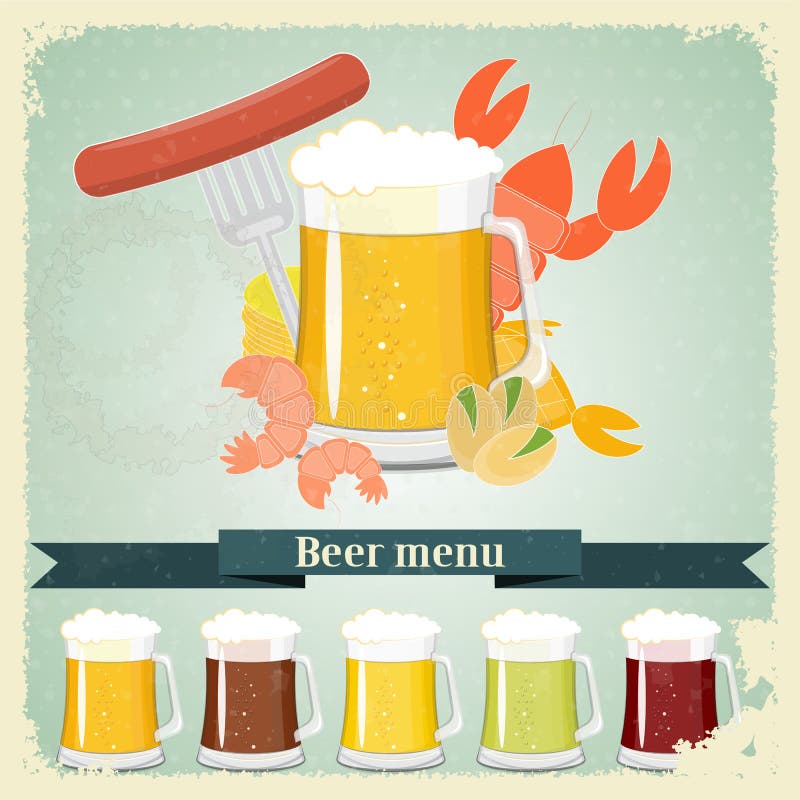 Vintage postcard, cover menu - Beer, beer snack - Retro style - illustration. Vintage postcard, cover menu - Beer, beer snack - Retro style - illustration