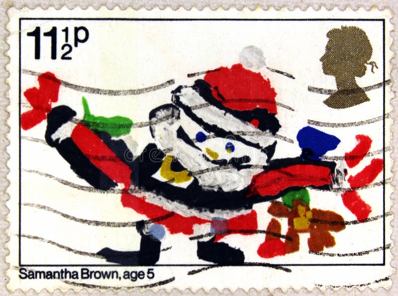 Postal stamp of United Kingdom shows Santa Claus, Drawing by Samantha Brown royalty free stock photos Postal stamp of United Kingdom shows Santa Claus, Drawing by Samantha Brown royalty free stock photos