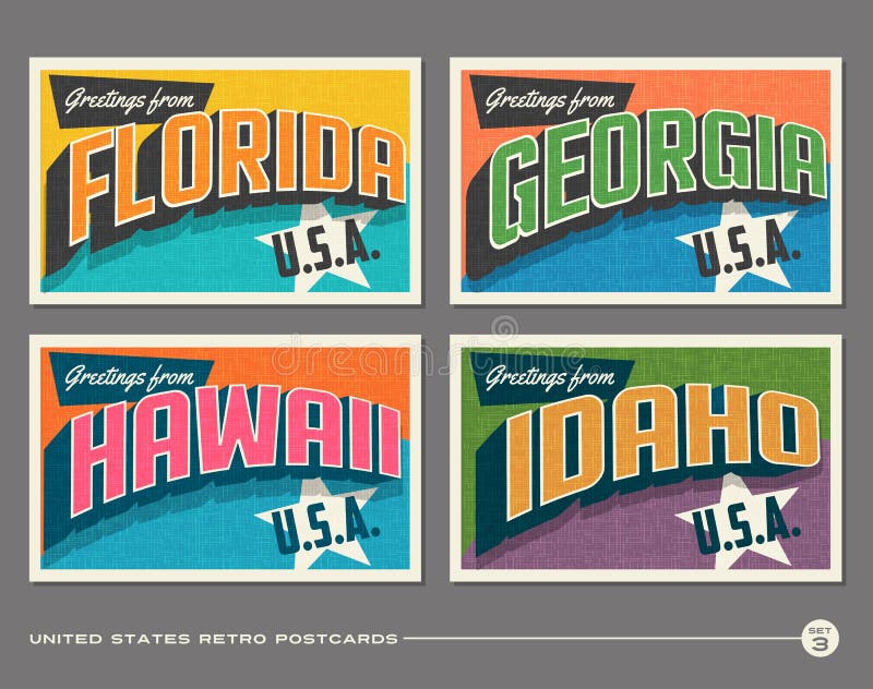 Postales de la tipografía del vintage de Estados Unidos stock de ilustración Postales de la tipografía del vintage de Estados Unidos stock de ilustración