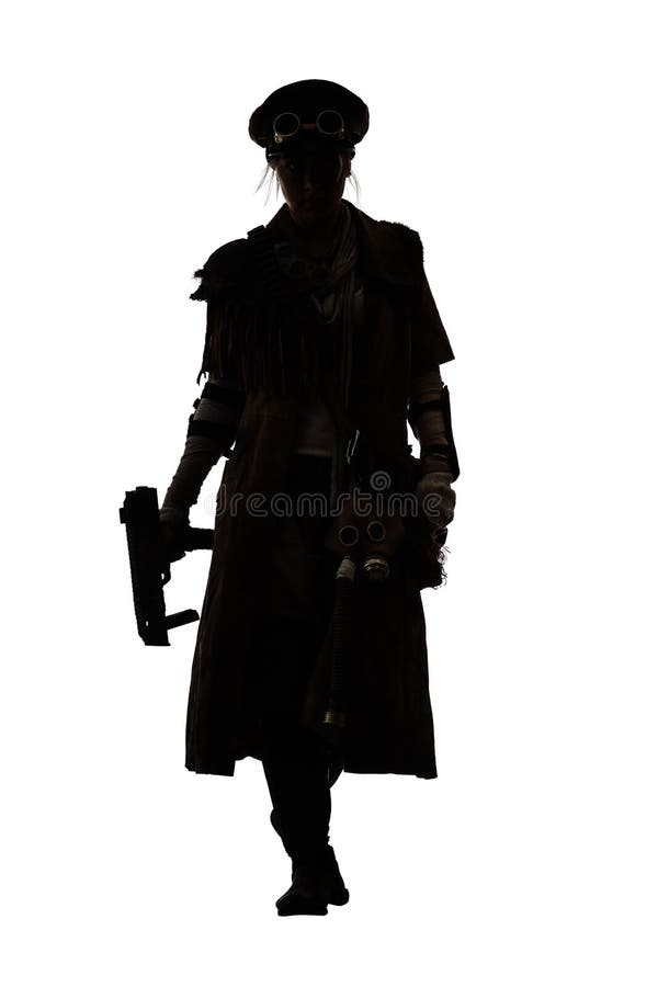 Nuclear post apocalypse life after doomsday concept. Grimy female survivor with homemade weapons. Studio portrait silhouette on white background. Nuclear post apocalypse life after doomsday concept. Grimy female survivor with homemade weapons. Studio portrait silhouette on white background