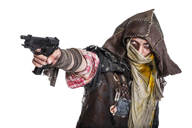 Nuclear post apocalypse life after doomsday concept. Grimy survivor with homemade weapons aiming a gun. Studio closeup portrait on white background. Nuclear post apocalypse life after doomsday concept. Grimy survivor with homemade weapons aiming a gun. Studio closeup portrait on white background