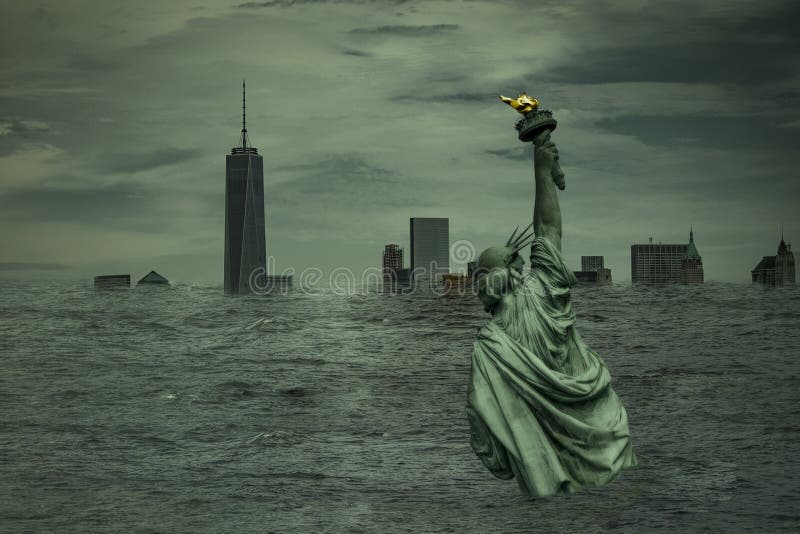 Postapocalyptic scenario and global warming concept with statue of liberty half covered by rising ocean level and Manhattan`s
