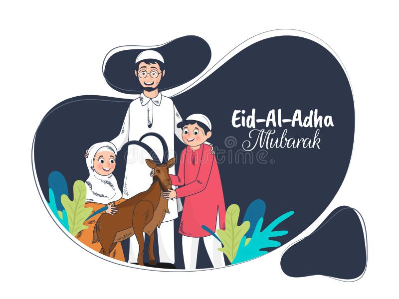 Postać z kreskówki Islamska rodzina z kózką na abstrakcjonistycznym błękitnym tle dla Eid al-Adha Mubarak ulotki lub plakata proj ilustracji Postać z kreskówki Islamska rodzina z kózką na abstrakcjonistycznym błękitnym tle dla Eid al-Adha Mubarak ulotki lub plakata proj ilustracji