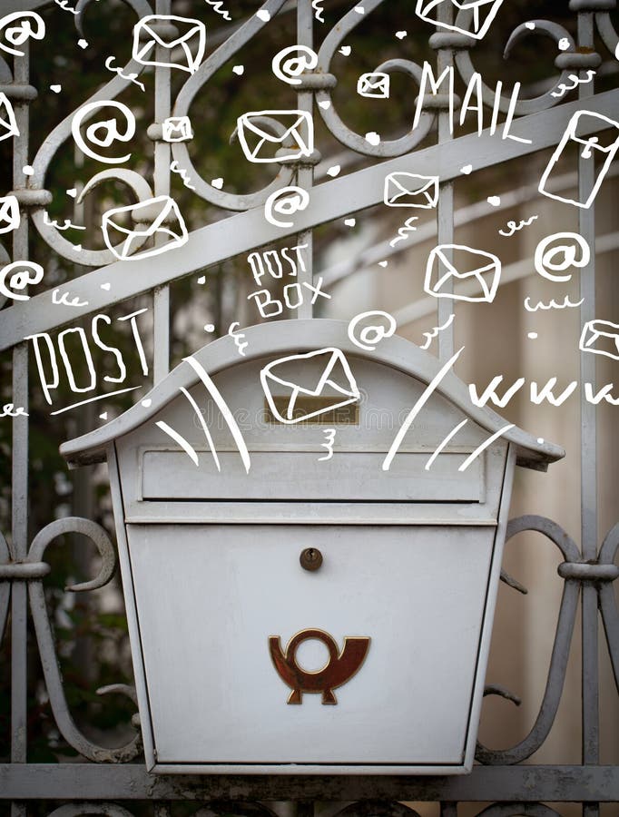 Postbox with White Hand Drawn Mail Icons Stock Image Image of