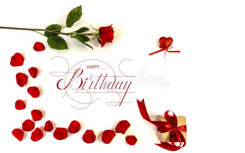 Postcard , Internet banner , flat lay with a birthday greeting, with the inscription - happy birthday  With red roses