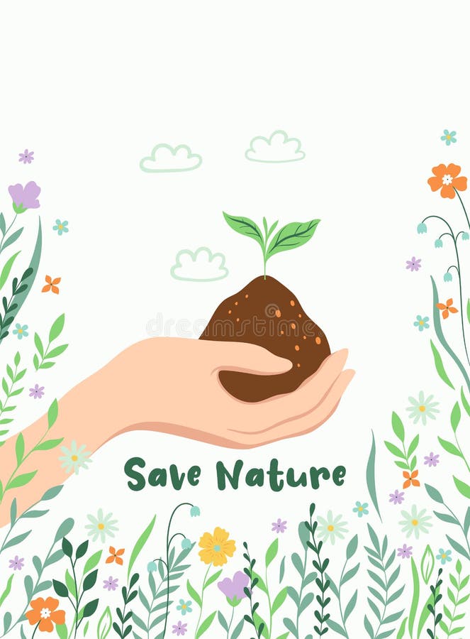 Postcard or Poster with a Handful of Earth and Flowers. Vector Graphics