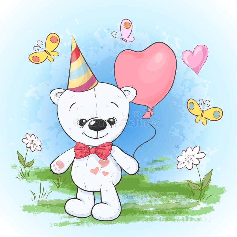 Postcard print party birthday polar bear in a cap with balloons. Cartoon style