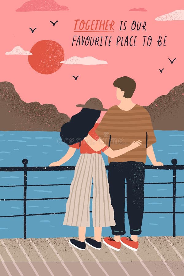 Postcard template with adorable couple in love standing on embankment and watching sunset and romantic quote. Young man royalty free illustration Postcard template with adorable couple in love standing on embankment and watching sunset and romantic quote. Young man royalty free illustration