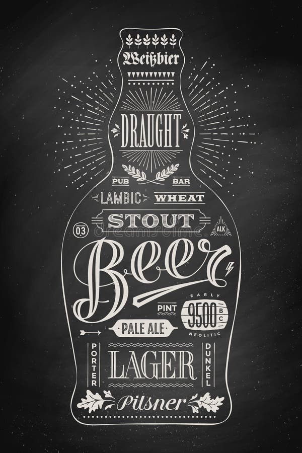 Poster bottle of beer with hand drawn lettering. Drawing for pub, bar menu, beer card, t-shirt print and beer themes. Isolated black bottle of beer wih lettering on chalkboard. Vector Illustration