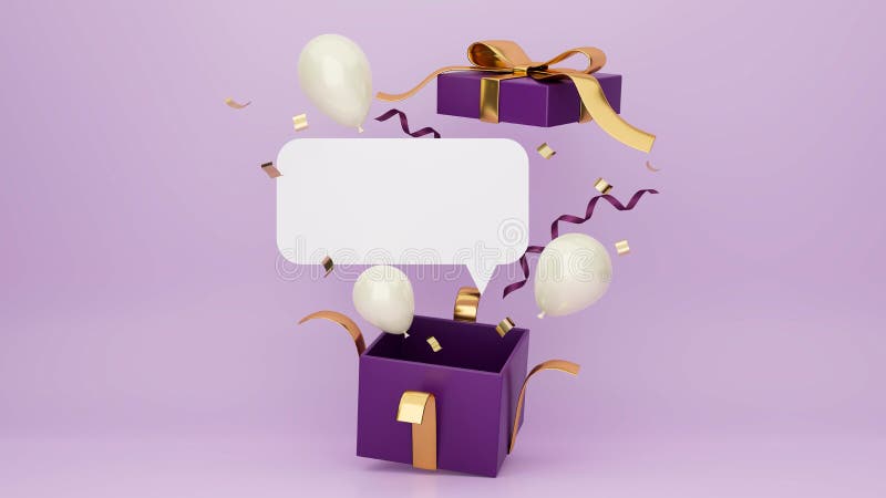 Poster con scatola regalo a sorpresa con palloncini coretti e spazio vuoto per l'annuncio di testo in sfondo viola royalty illustrazione gratis