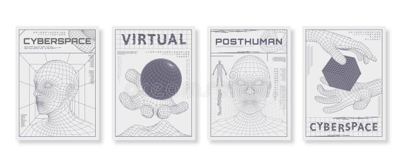 Poster con testa umana wireframe. Streetwear cyberspace 3d con bassi livelli di polietilene e media, con manifesti virtuali con on illustrazione di stock