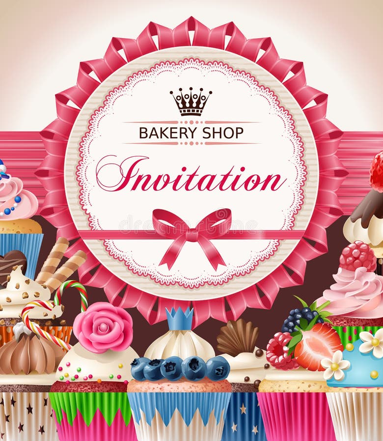 Vector illustration of a background, poster of confectionery bakery with cupcakes and a round frame for your text, realistic style