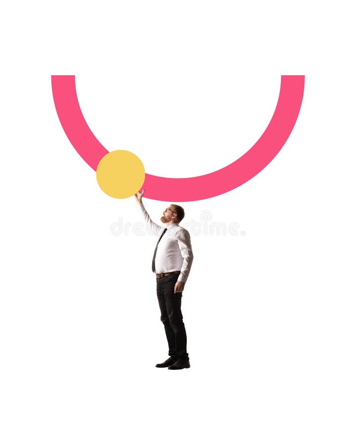 Poster. Contemporary art collage. Man standing, reaching towards minimalistic graphic, symbolizing goal-oriented stock photos