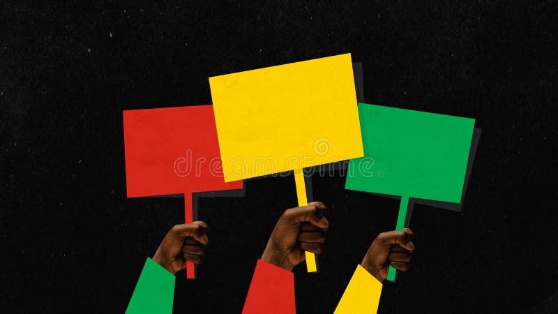Poster. Contemporary art collage. Modern creative artwork. African-American hands with red, yellow and green signs