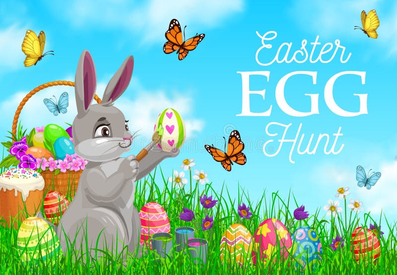 Poster del vettore di Pasqua felice con uova decorate in coniglio