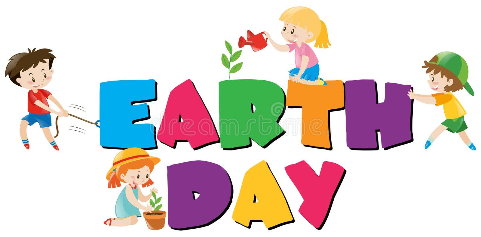 Earth Day Theme with Kids Planting Tree Stock Vector Illustration of