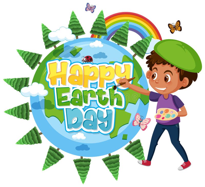Poster design for happy earth day with boy parinting the earth vector illustration