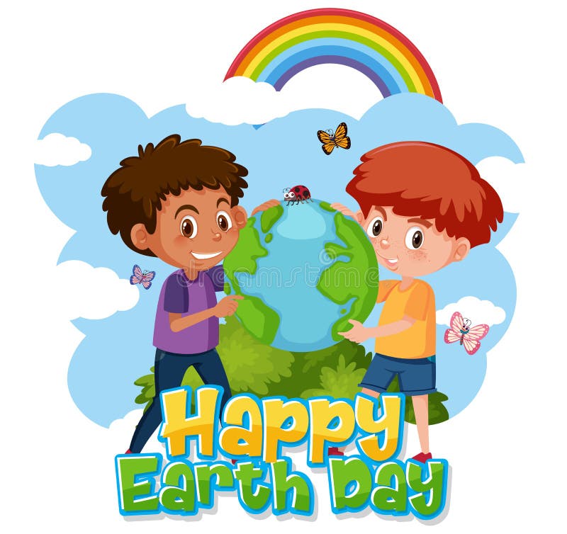 Poster design for happy earth day with two boys hugging earth stock illustration