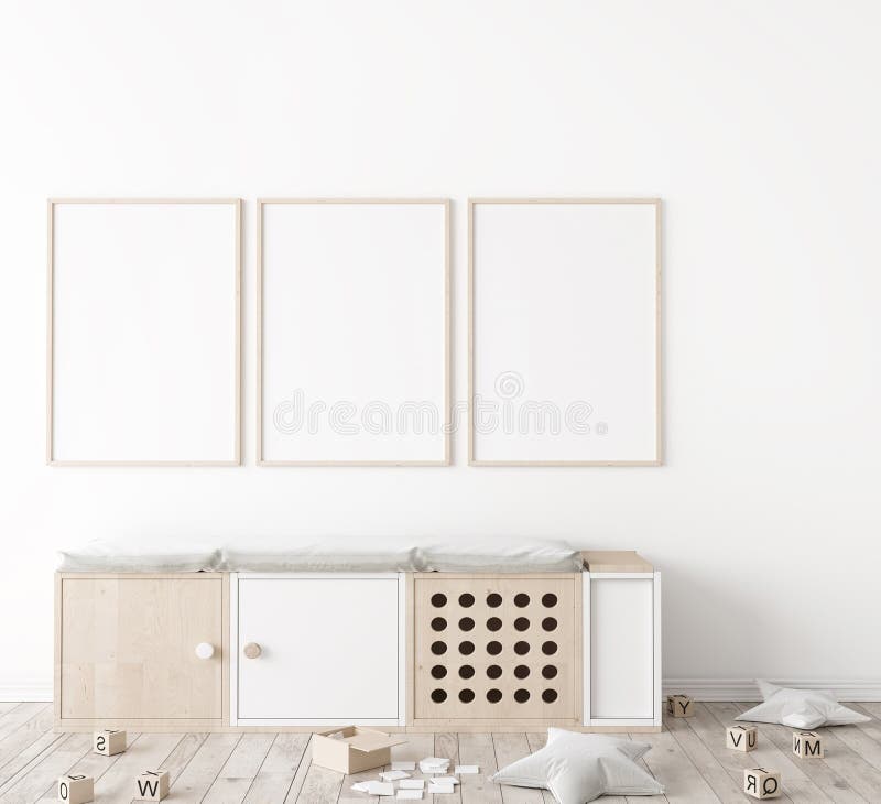 Poster frame mock up in child bedroom, Scandinavian unisex nursery design