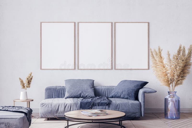 Poster frame mock up in living room interior met blue sofa en pa pas gras