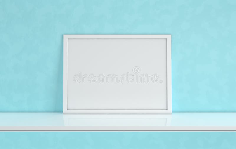 Poster frame mockup with blank copy space on blue background. Front view photo frame on white book shelf or desk. Digitally vector illustration Poster frame mockup with blank copy space on blue background. Front view photo frame on white book shelf or desk. Digitally vector illustration