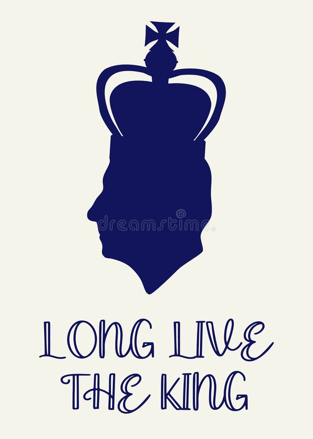 Poster or greeting card with silhouette of King Charles III with crown, monarch head with phrase Long live the king, side view, vector Illustration. Poster or greeting card with silhouette of King Charles III with crown, monarch head with phrase Long live the king, side view, vector Illustration