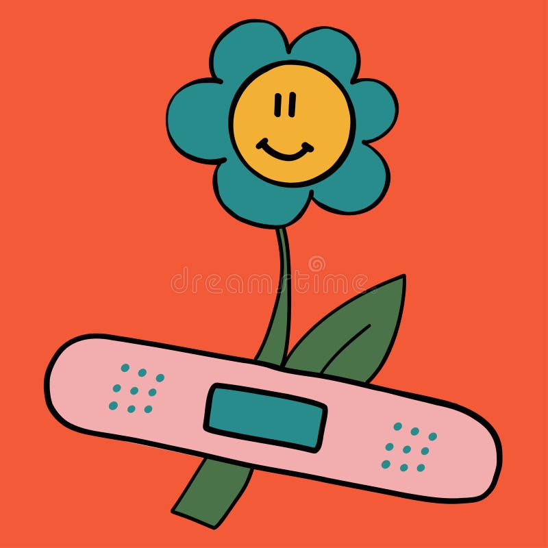 Poster Groovy Flower with Face and Patch Stock Vector Illustration of