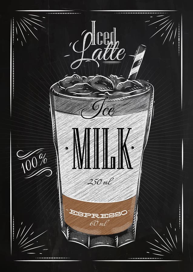 Poster coffee iced latte in vintage style drawing with chalk on the blackboard. Poster coffee iced latte in vintage style drawing with chalk on the blackboard
