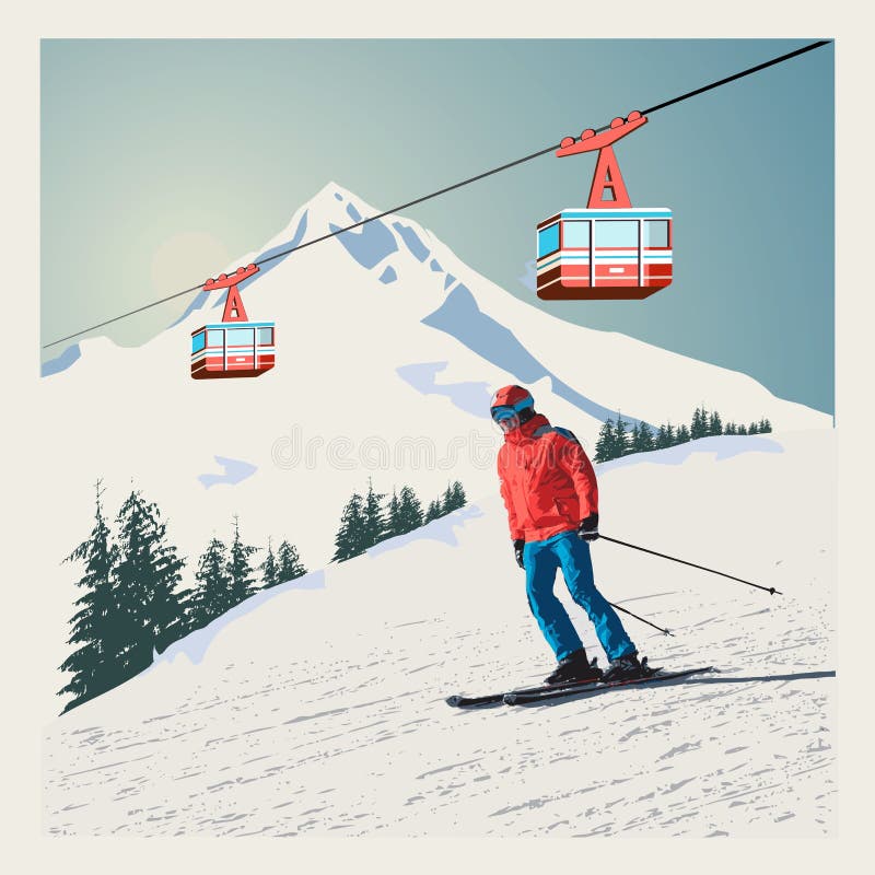 Poster invernale vettoriale, sfondo Lo sciatore avanzato scivola lungo la montagna Red ski Lift Gondolas in movimento a Snow