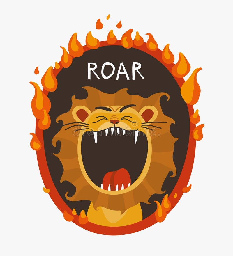 Poster lion with an open mouth and a burning ring and the inscription roar on a white background stock illustration