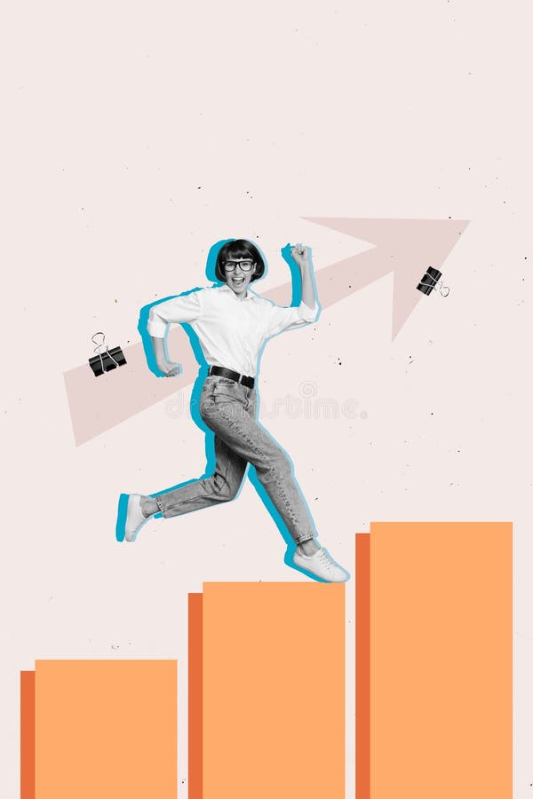 Poster magazine template collage of excited motivated manager lady run fast for successful earnings statistics royalty free illustration