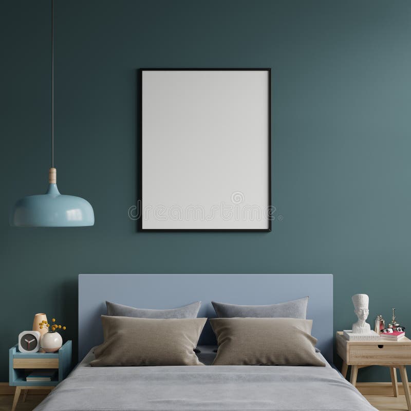 Poster Mockup with Vertical Frames on Empty Dark Green Wall in Bedroom